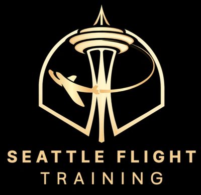 Logo for Seattle Flight Training with Space Needle and airplane.