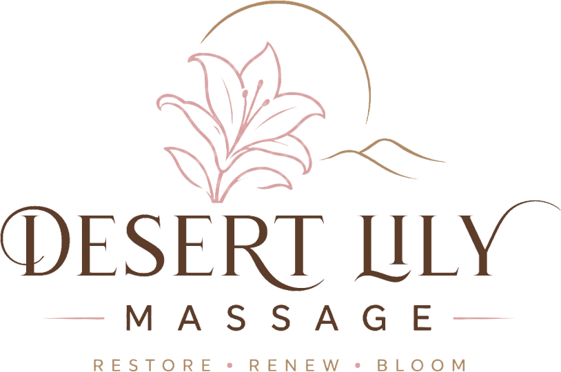 Elegant logo for Desert Lily Massage with floral and desert motifs.