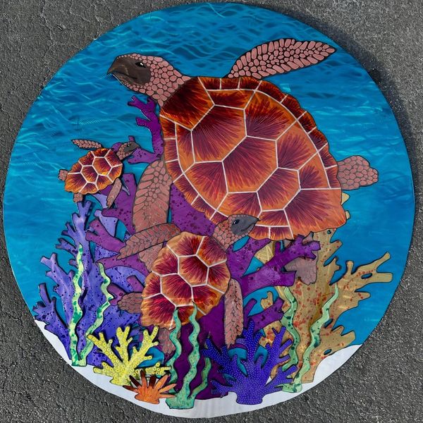 Artistic sea turtles swimming with coral.