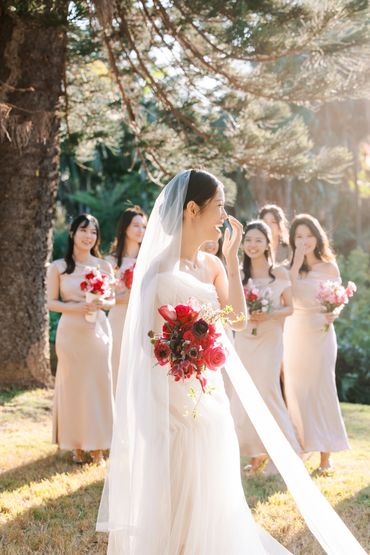 Bride in white dress and veil holding red bouquet, bridesmaids behind her.