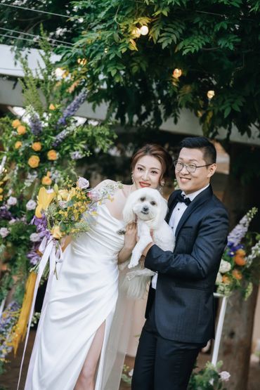 Bride and groom posing with their white dog at an outdoor wedding.