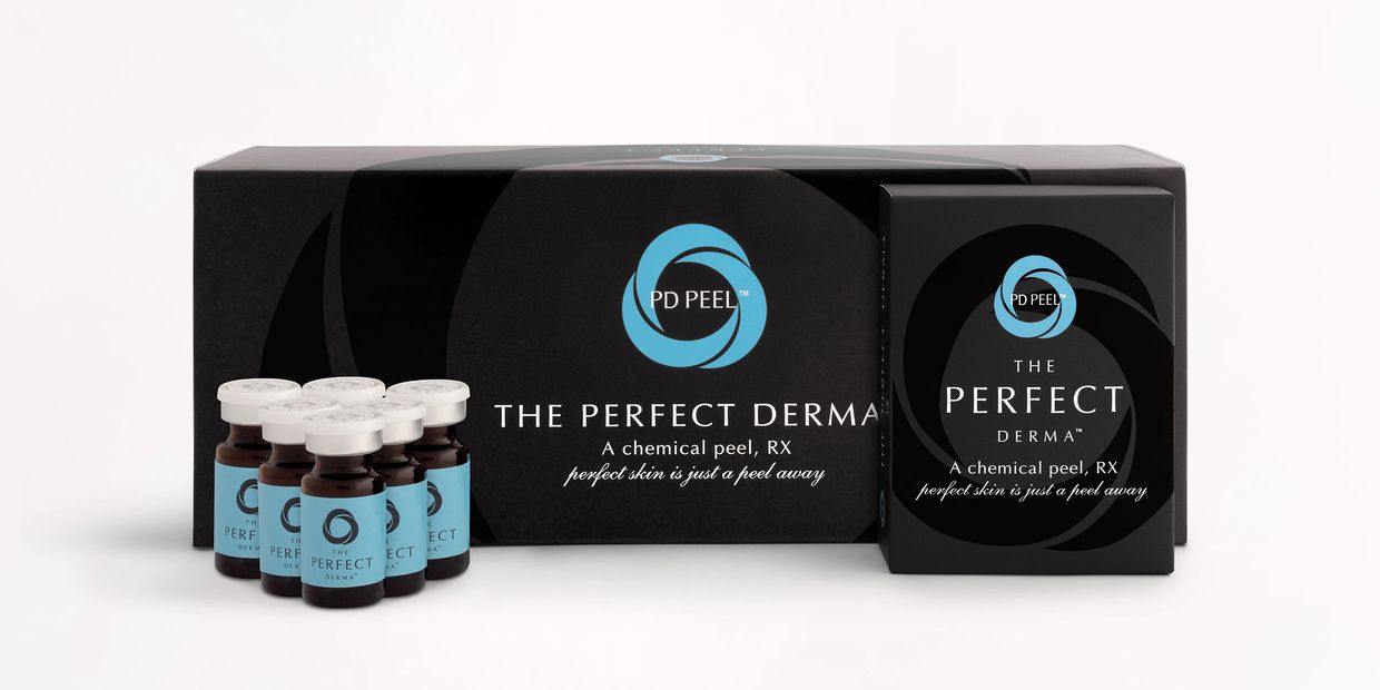 The Perfect Derma chemical peel kit with vials and black packaging.