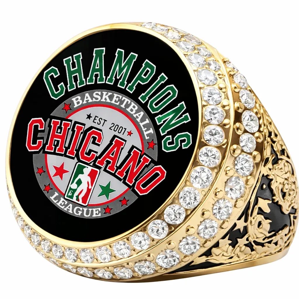 Gold basketball championship ring for Chicano League with diamonds.