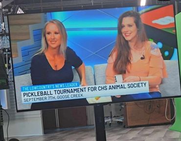 Elizabeth Grace Smith speaking on local television about a charity pickleball tournament
