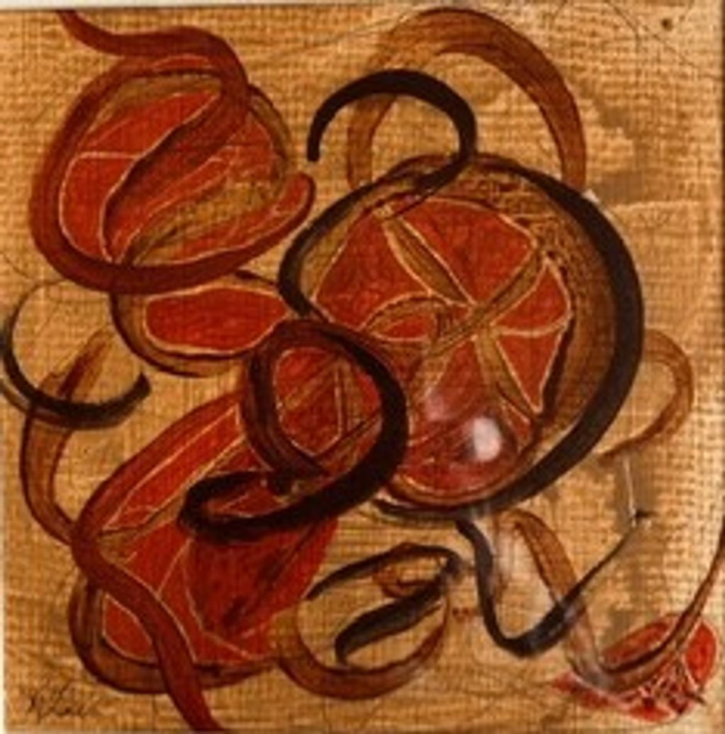 Abstract painting with circular and swirling shapes in red and brown tones.