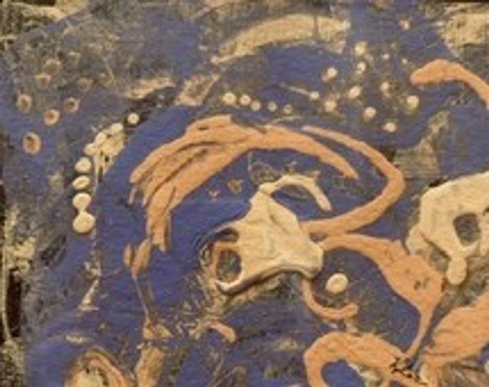 Abstract artwork with blue, beige, and black swirls and spots.