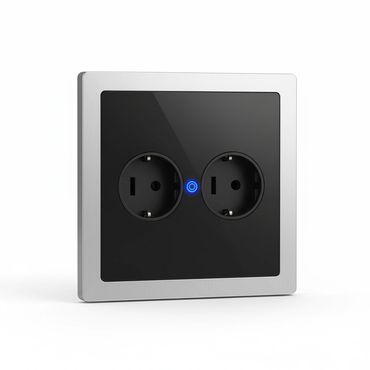 Modern dual electrical outlet with a sleek black and silver design and blue indicator light.