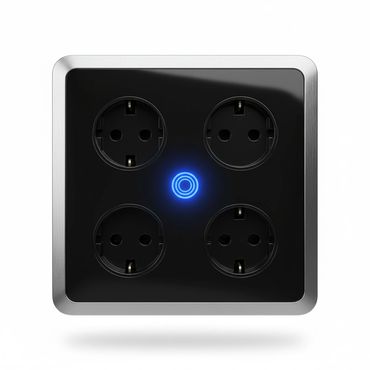 Modern black power outlet panel with four sockets and blue LED indicator.