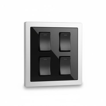 Modern black and silver four-switch panel on a white background.