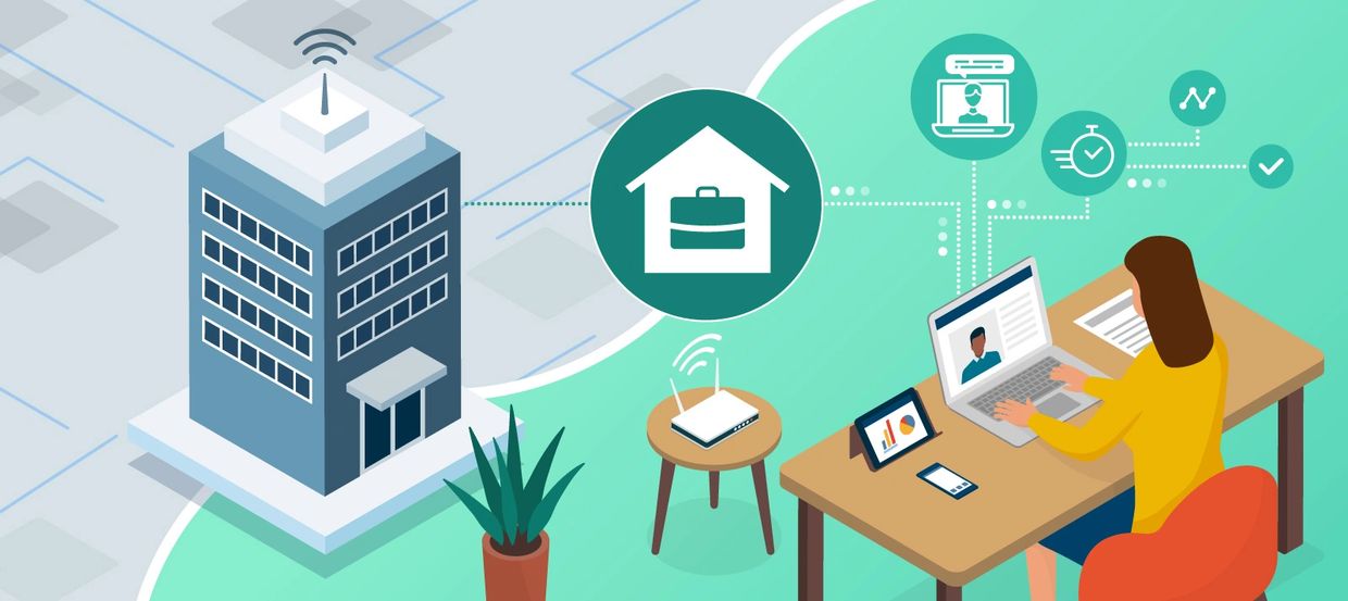 Remote work setup connecting office and home via Wi-Fi.
