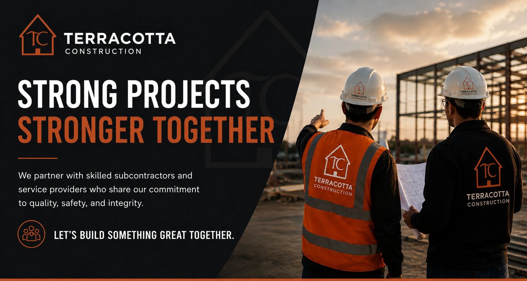 Construction workers from Terracotta Construction at a site with slogan.