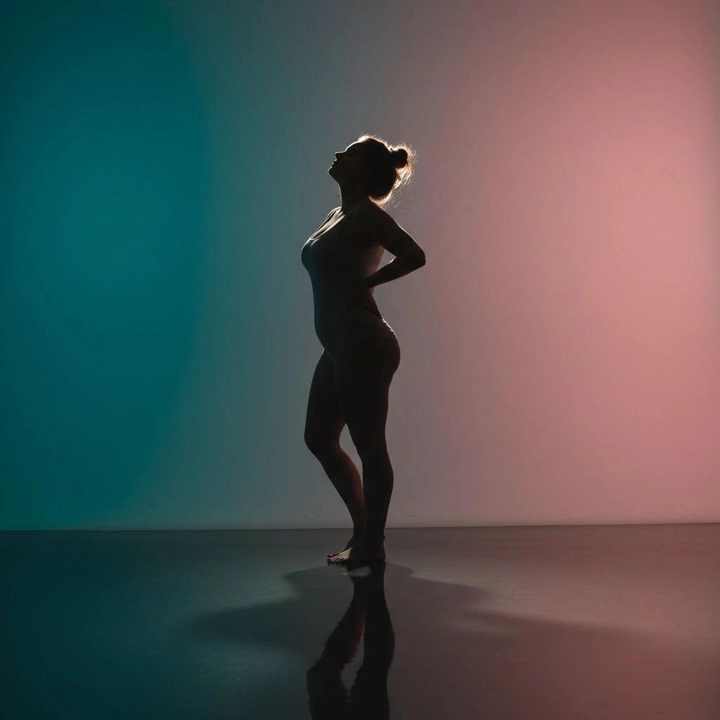 Silhouette of a woman in a spotlight with blue and pink lighting.