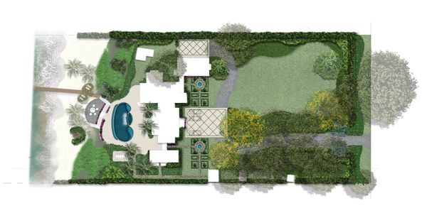 Top-down view of a garden and pool layout.