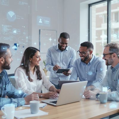 A diverse team collaborates with digital technology in a modern office.