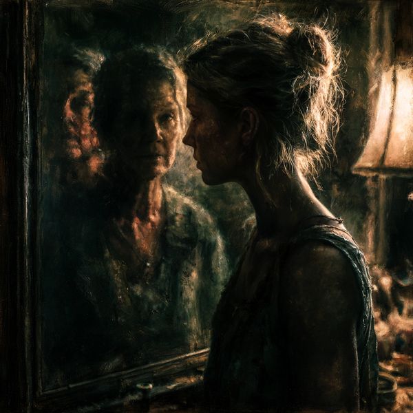 Three generations of women appear through layered mirror reflections symbolizing inherited fear.
