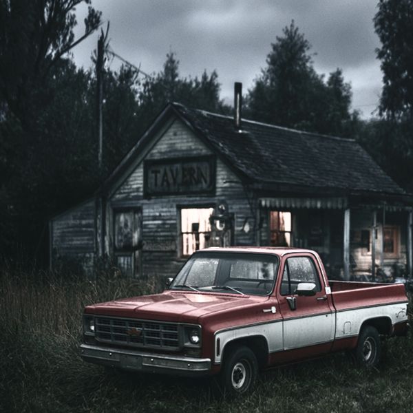 A 1980 Chevy pickup truck parked outside a roadside tavern in a rural Midwestern town.