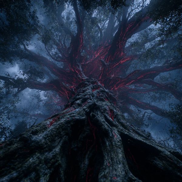 Face the towering, ancient Heart Tree. Witness its massive roots and glowing red veins.