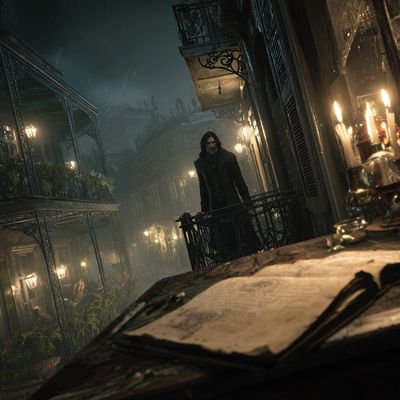 A shadowy vampire stands on a wrought-iron balcony within the French Quarter of New Orleans.