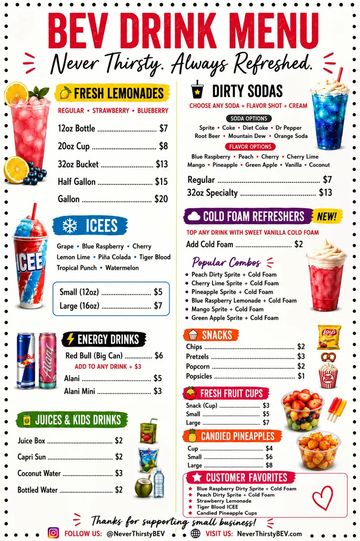 Colorful beverage menu featuring fresh lemonades, sodas, icees, energy drinks, and snacks.