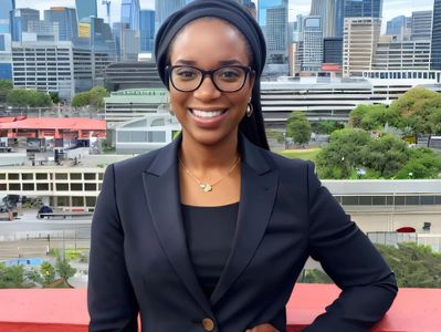 Confident woman in blazer smiling on rooftop with city skyline behind her.