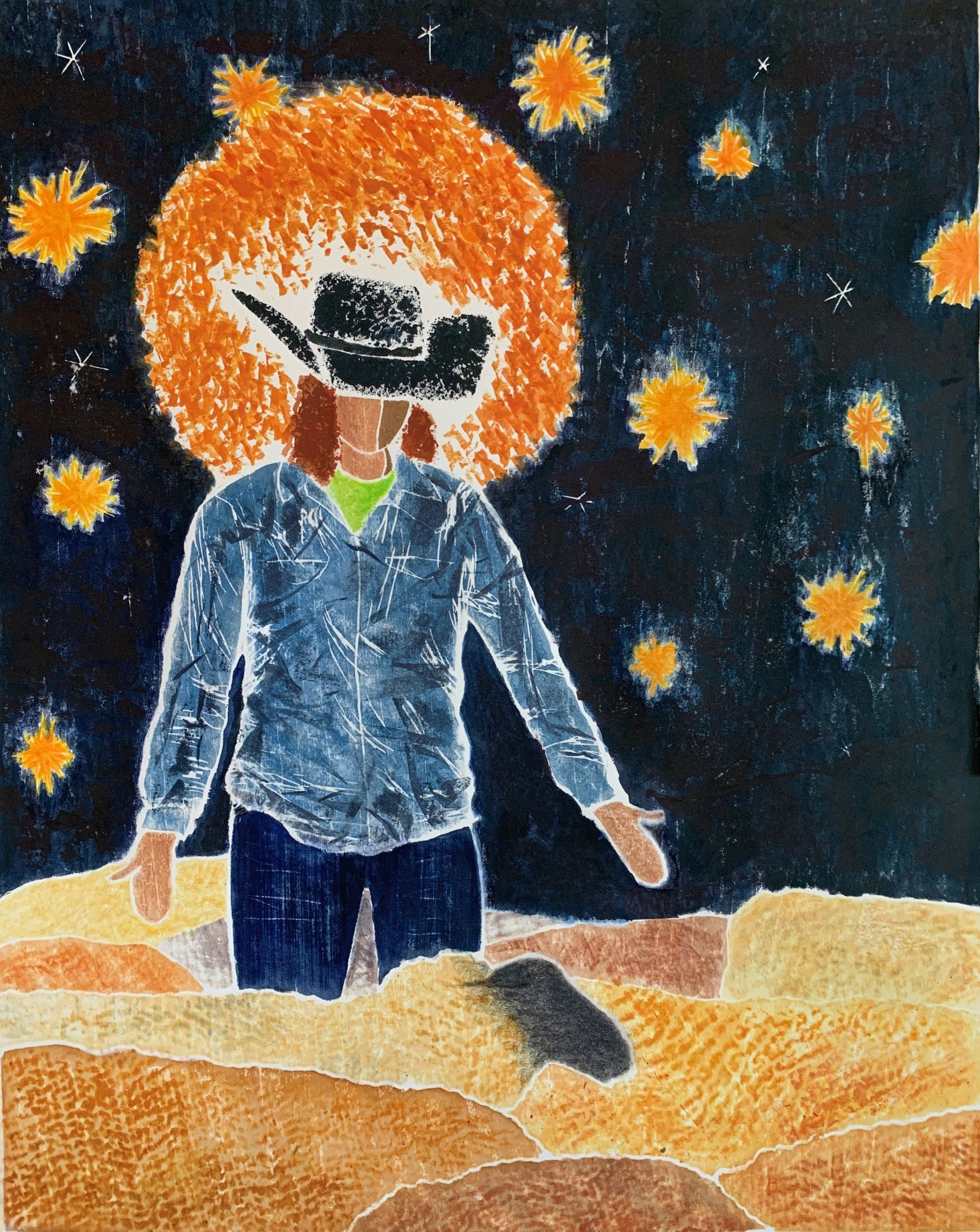 Person with orange hair and black hat under abstract stars.