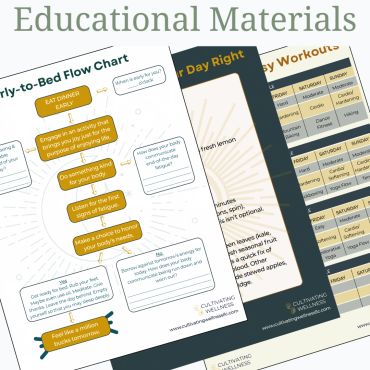 Educational wellness materials including a flow chart, daily tips, and workout schedules.