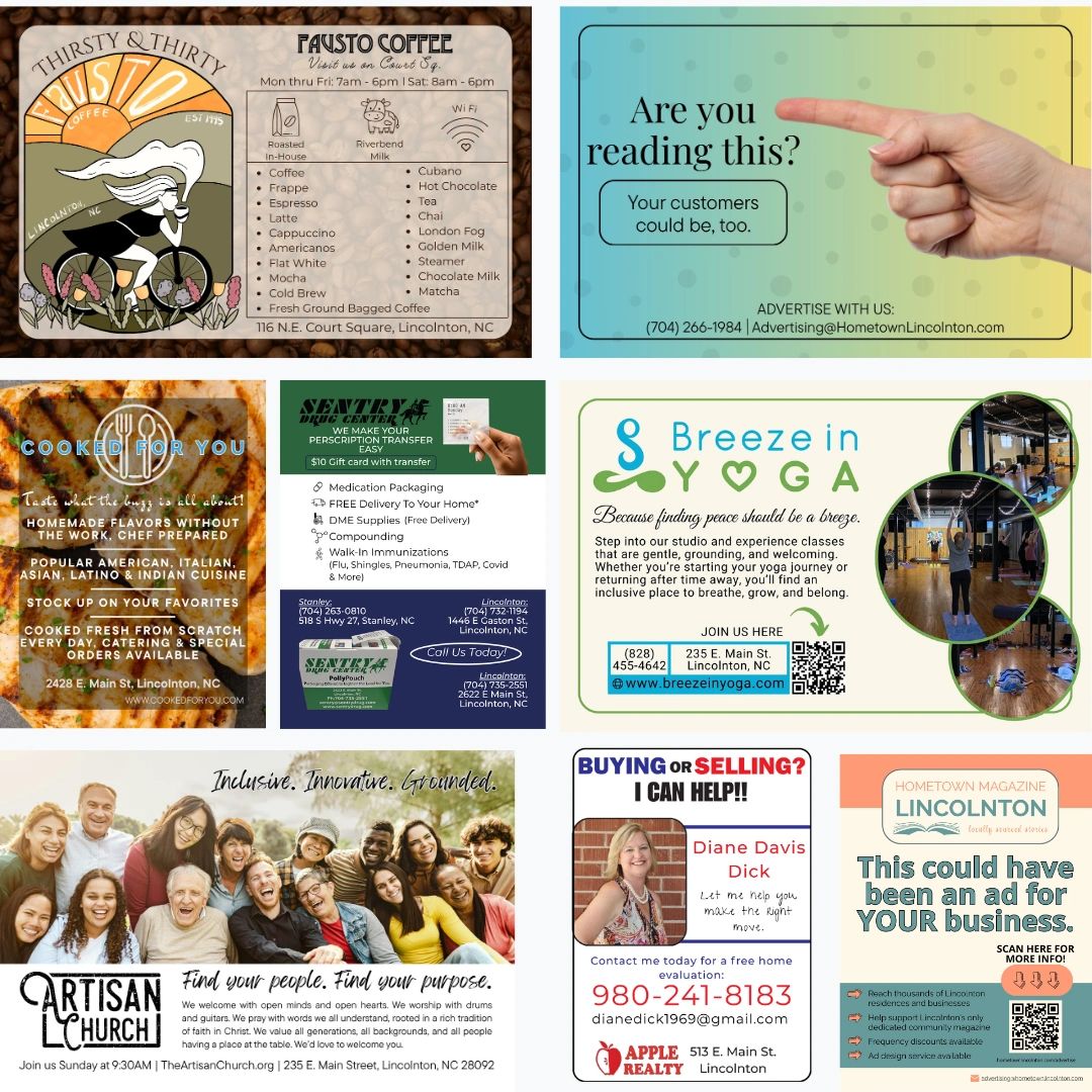A collage of diverse local business ads and community services in Lincolnton, NC.