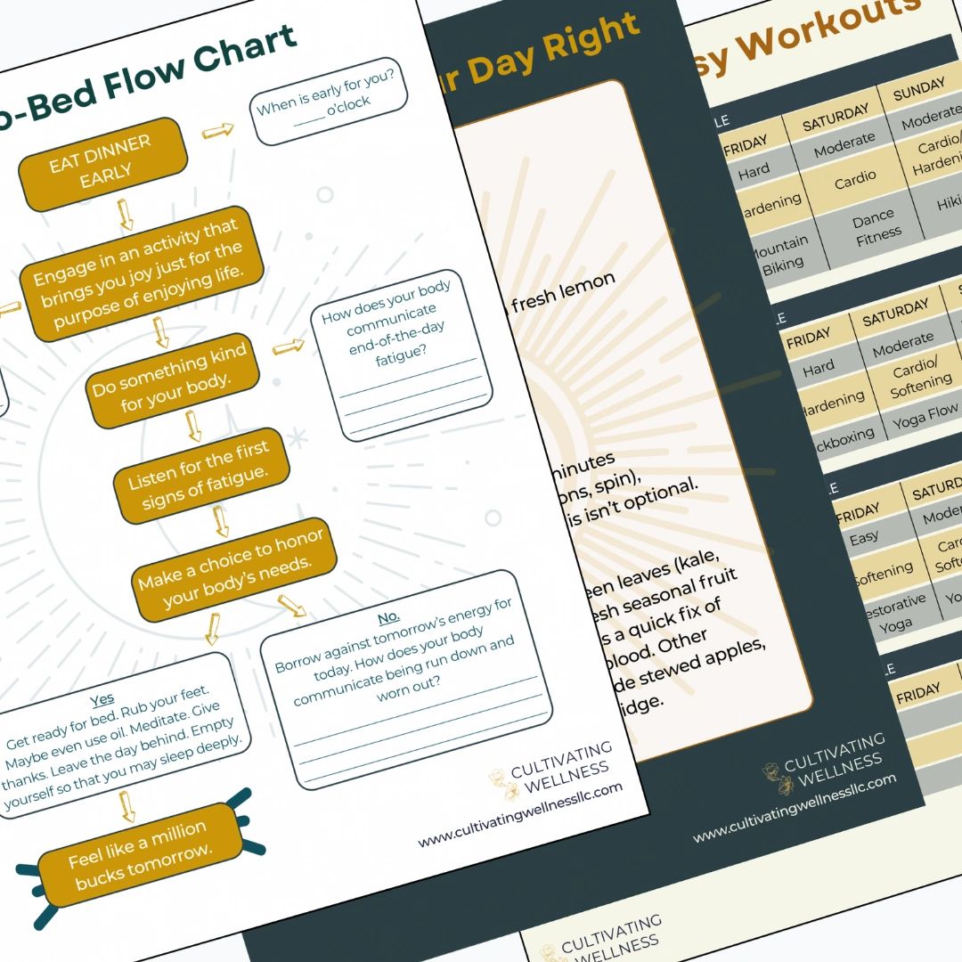 Wellness flow chart and workout schedule from Cultivating Wellness for healthy routines.