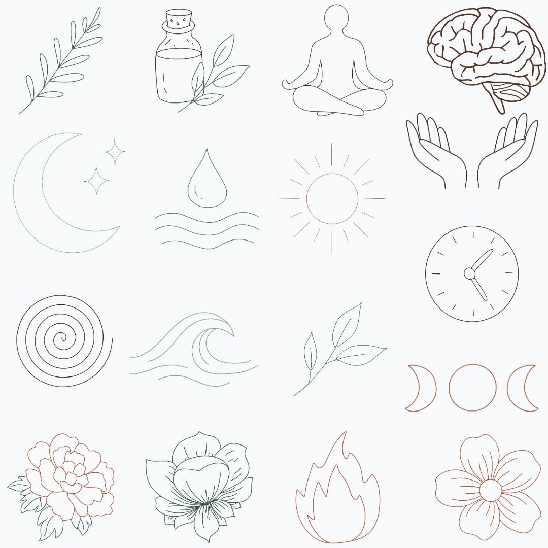 Minimalist wellness and nature icons including meditation, moon phases, flowers, and elements.