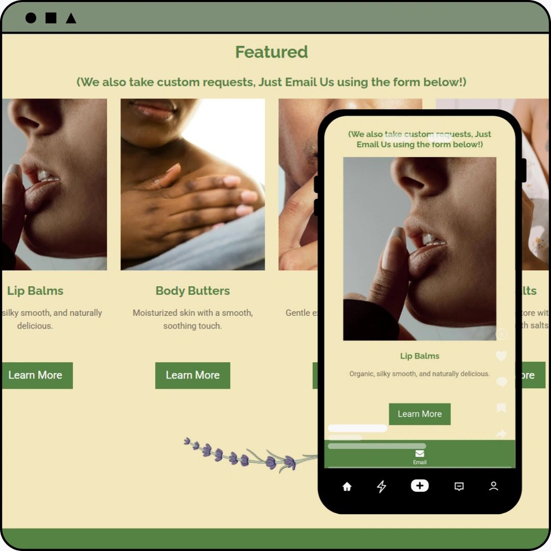 Featured natural skincare products like lip balms, body butters, and bath salts with a clean, soothing design for desktop and phone scrolling.