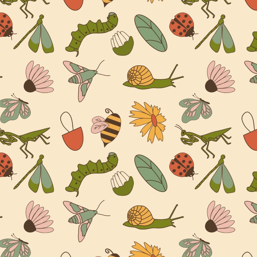 Seamless pattern featuring colorful garden insects and flowers on a beige background.