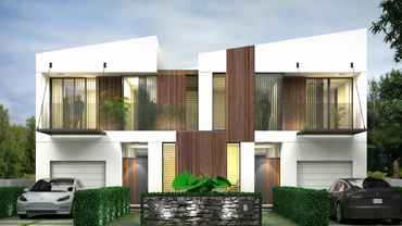 Luxury duplex, white with timber facade, structural design