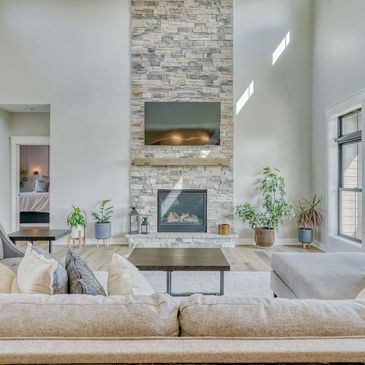 custom built living room with custom built fireplace