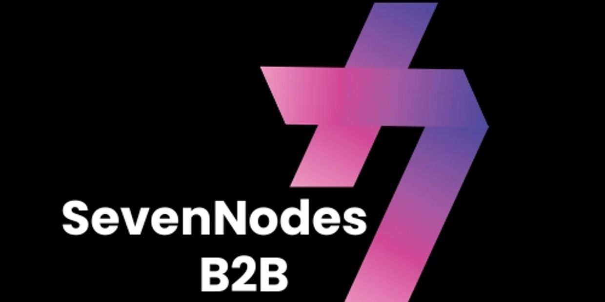 SevenNodes B2B logo with a pink and purple gradient on a black background.