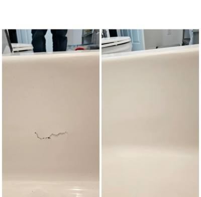 Before and after bathtub crack repair showing seamless restoration.
