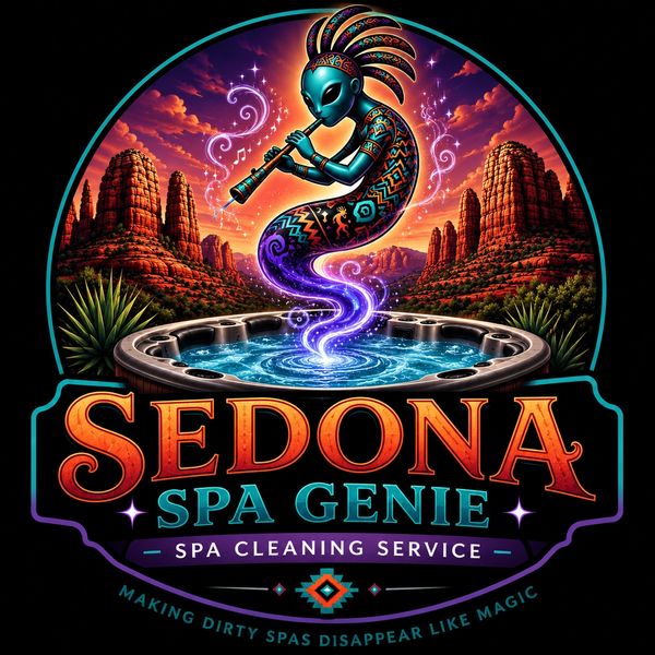 Colorful spa genie playing flute in Sedona desert with spa cleaning service text.