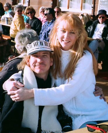 Joe Walsh and Kristin Casey at Swiss ski resort, patio cafe