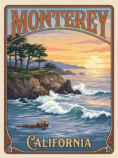 Vintage-style poster of Monterey, California, showing coastal cliffs, waves, and an otter at sunset.