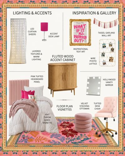 Cozy bedroom setup with pink accents, warm lighting, and elegant furniture.