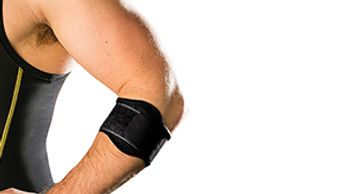 A man with a black singlet wears a tennis elbow brace on his left arm