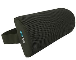 A black lumbar support pillow with strap