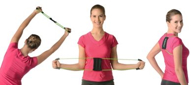A woman wearing a pink t-shirt performs three different exercises with resistance bands