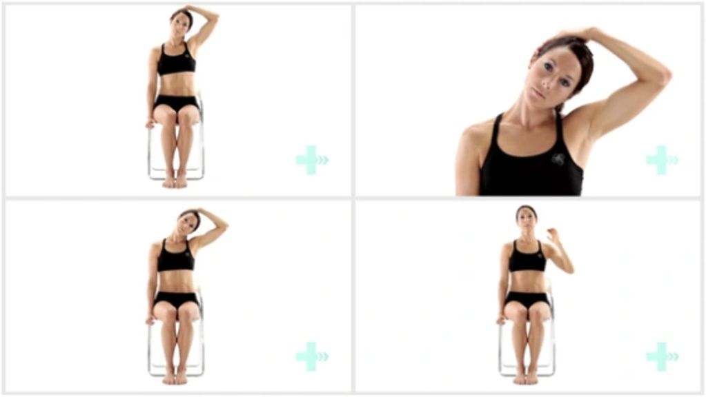 Woman doing neck stretch exercises in a seated position