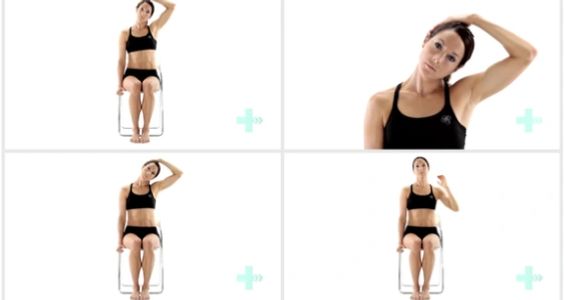 Woman doing neck stretch exercises in a seated position