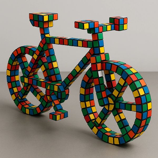 A bicycle sculpture made entirely of colorful Rubik's Cube pieces.