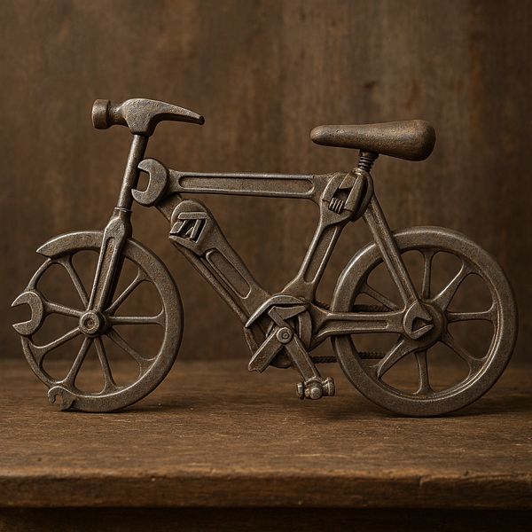 A bicycle sculpture made entirely from metal tools, including wrenches and a hammer.