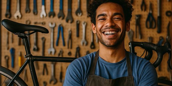 Smiling mechanic standing in bike workshop with tools on the wall.
