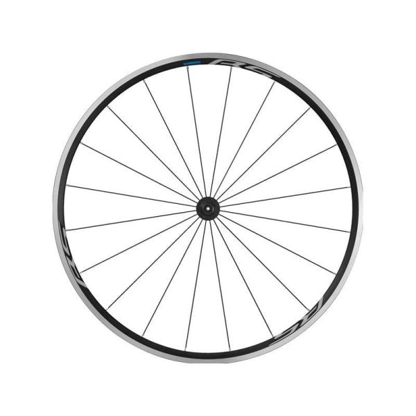 A sleek black and silver bicycle wheel with thin spokes and a hub in the center.