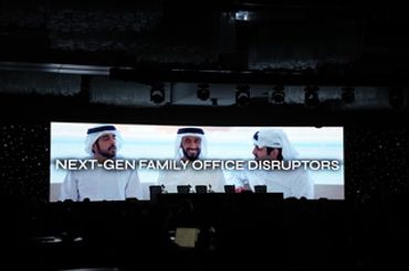 Conference screen with 'Next-Gen Family Office Disruptors' and men in traditional Arab attire.
