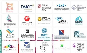 Logos of various Dubai free zones and economic authorities.